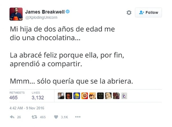 tuit sobre niña que le da a su papá un chocolate para que se lo abra 