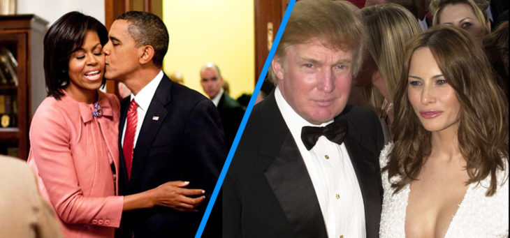 barack besando la mejilla de michelle vs melania y trump volteando a la cámara