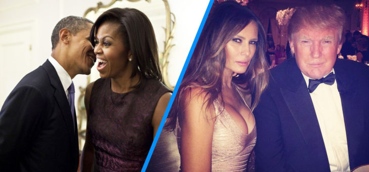 obama diciendole un secreto a michelle vs melania y trump volteando a la cámara