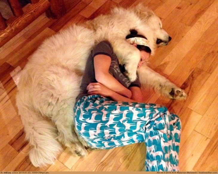 perro abrazando a su dueña mientras duermen