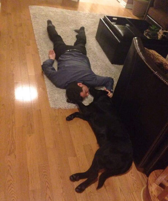 papa y perro en el piso