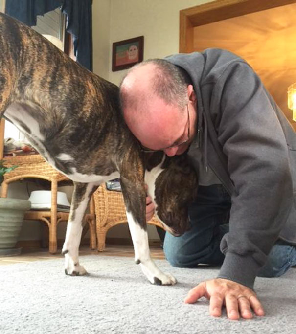 papa jugando con el perro en el piso