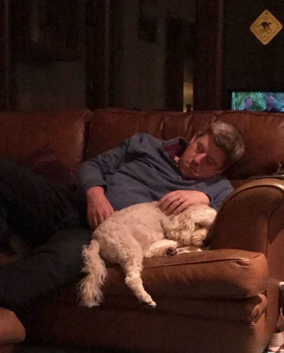 papa dormido en el sillon con el perro al lado