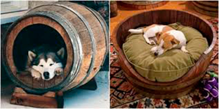 cama para perros hechas en un barril