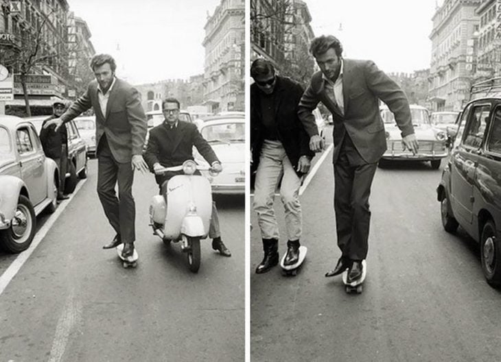 clint eastwood paseando en monopatín por las calles de roma