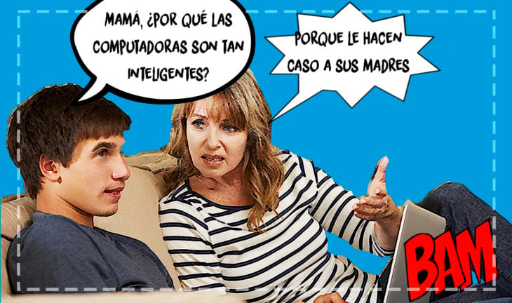 mujer discutiendo con su hijo que tiene una computadora portátil