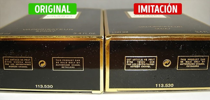 inscripciones en la caja de perfume original y de imitación