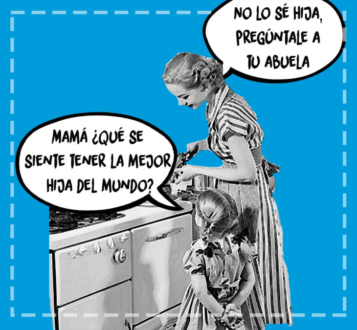 ilustración antigua de mujer y su hija en la cocina