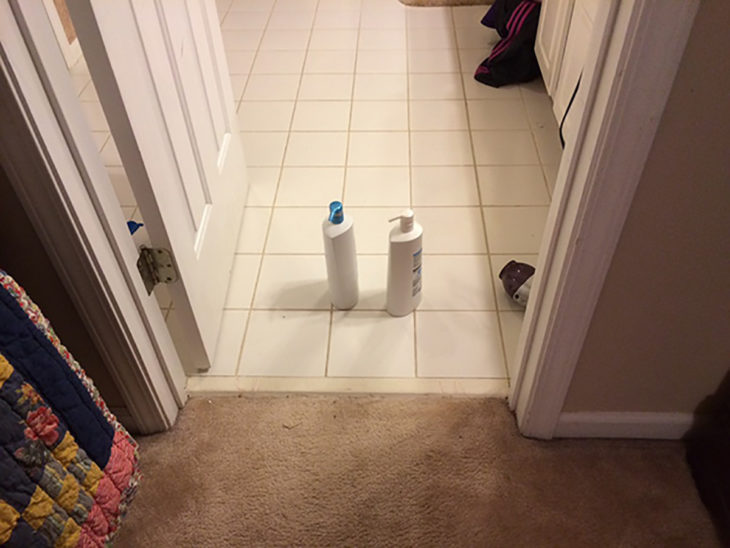 dos botellas de champú en el piso de un baño