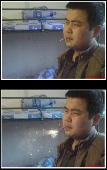 hombre fumando editado como si tuviera un juego pirotécnico en los labios