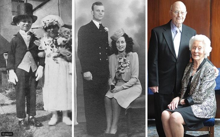 Fotos antes-después - pareja de niños, en su boda y 70 años después 