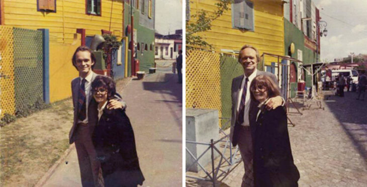 Fotos antes-después - pareja en el mismo lugar que antes 