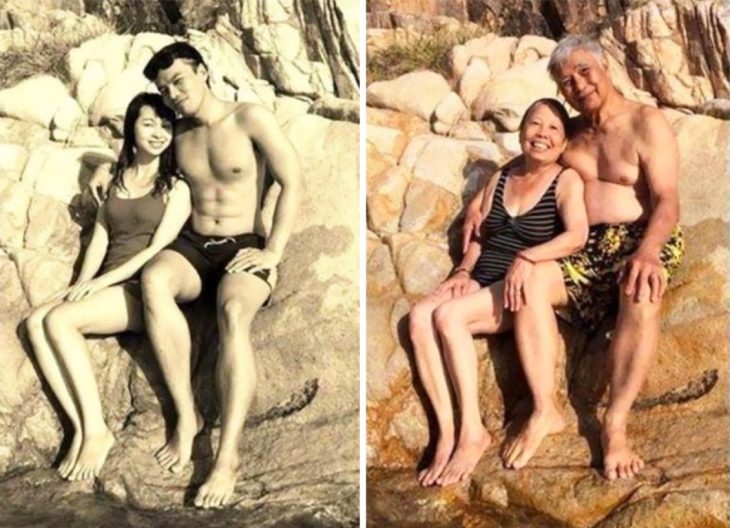 Fotos antes-después - pareja sentados en roca en la playa 