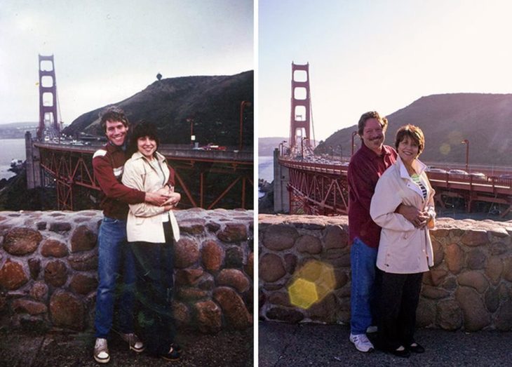 Fotos antes-después - pareja abrazados frente a puente 