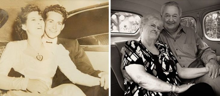 Fotos antes-después - pareja abrazados en el carro 