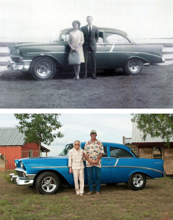 Fotos antes-después - pareja foto con carro clasico 