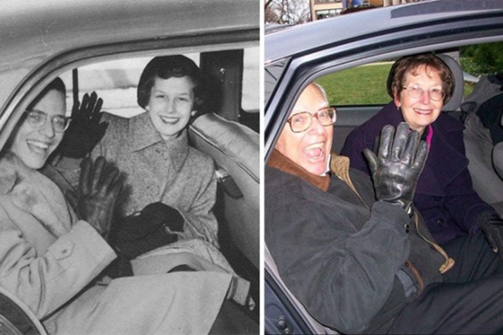 Fotos antes-después - pareja sonriendo desde el carro 