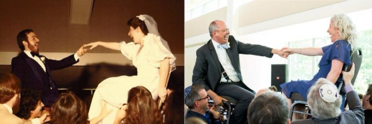 Fotos antes-después - pareja en boda sobre sillas 