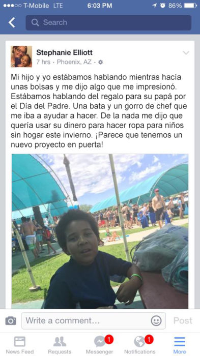 post de facebook niño ropa personas sin hogar 