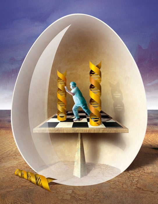 ilustración de médico y cadena de adn dentro de un huevo