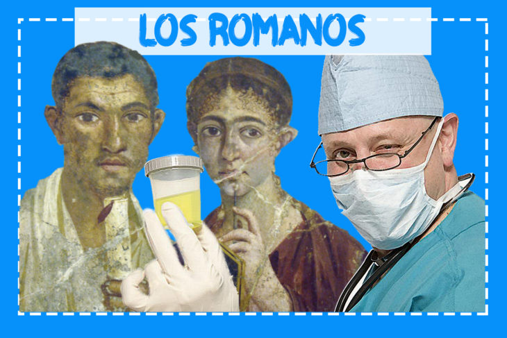 pintura de dos personas romanas, delante un médico con una muestra de orina