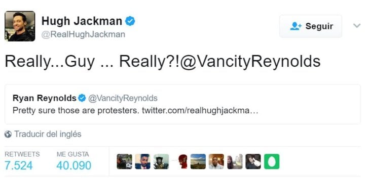 tuit hugh jackman contestándole a ryan reynolds