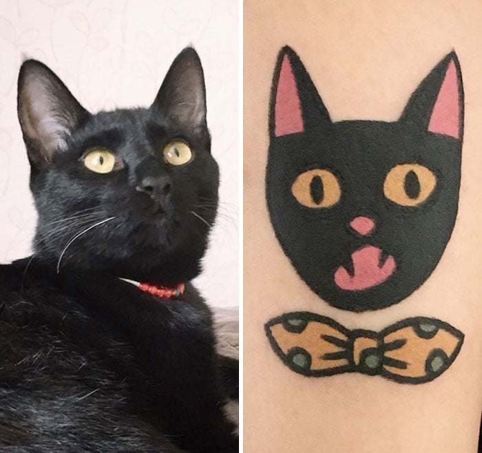 gato negro moño amarillo tatuaje