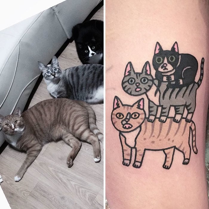 tres gatos uno sobre otro tatuaje 