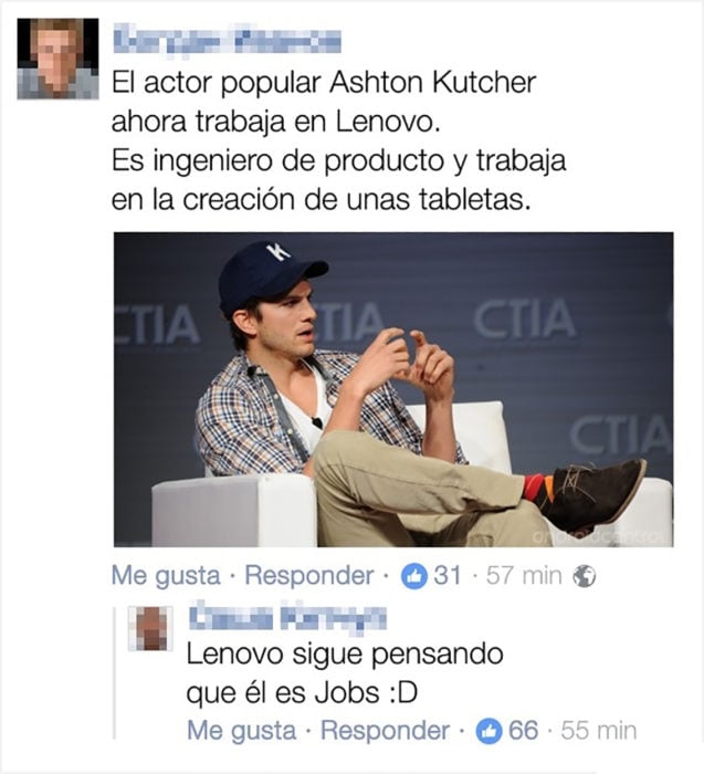 Fotografía de Ashton Kutcher en un sofá publicada en Facebook