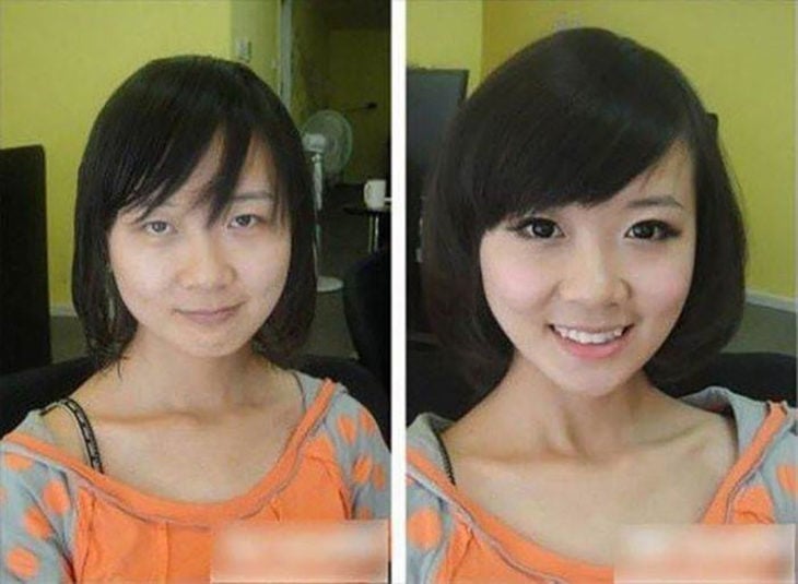 asiática antes y después de maquillarse