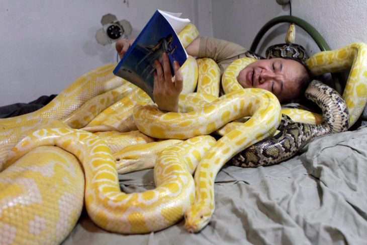hombre recostado con serpientes leyendo un libro