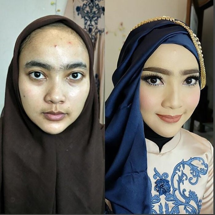 chica con hijab antes y después del maquillaje