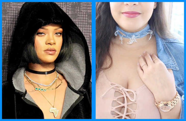 rihanna con chocker y una mujer con chocker de mezquilla