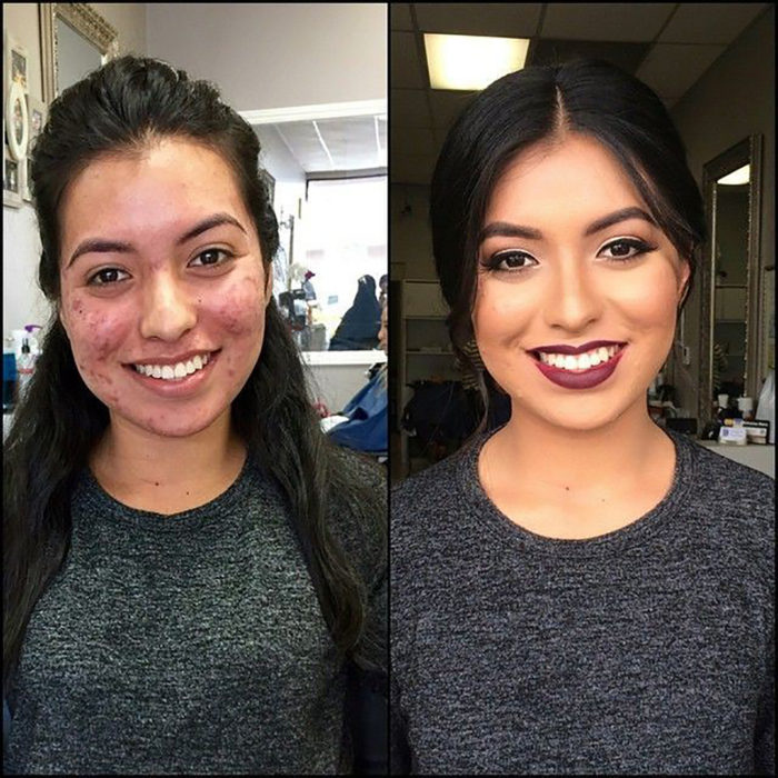 chica de piel oliva con cabello lacio negro antes y después de maquillarse