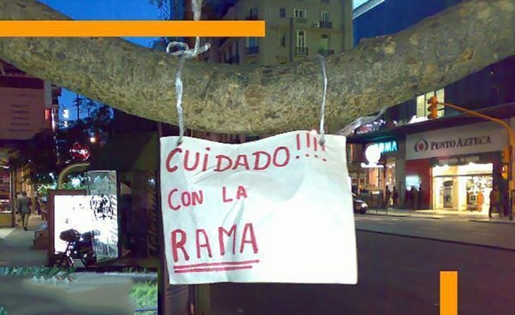 letrero en una rama que dice cuidado con la rama