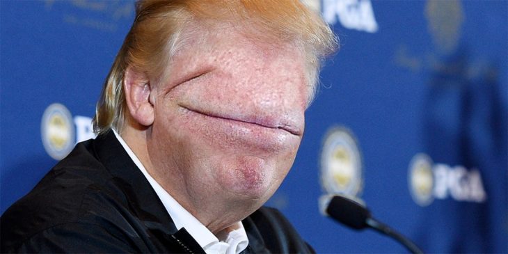 donald trump editado sin ojos ni nariz, con una boca que cubre toda su cara 