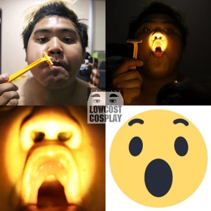 Chico usa un rastrillo y una luz amarilla para lucir como un emoji sorprendido