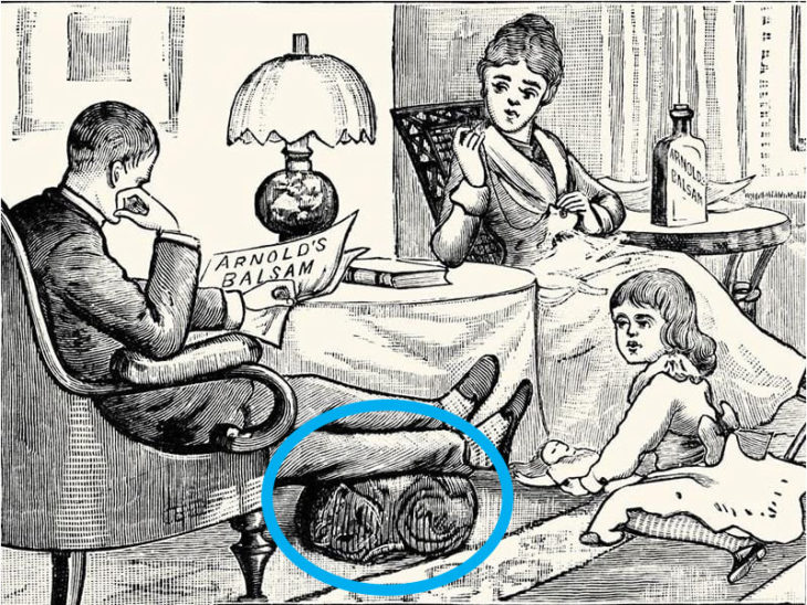 gato en la ilustración acostado debajo de los pies del amo