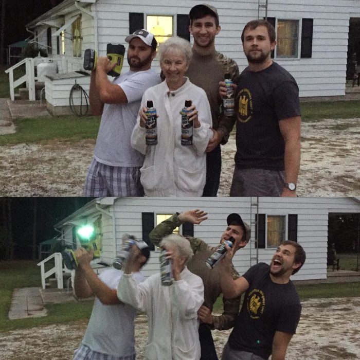 anciana bebiendo cerveza con sus nietos