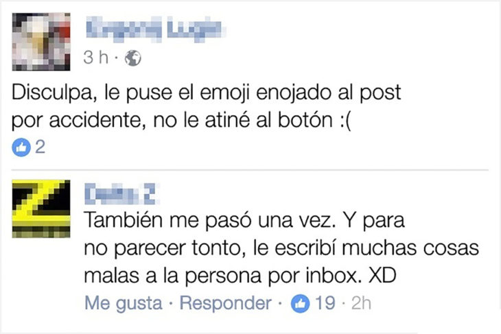 conversación en facebook sobre equivocarse de emoji