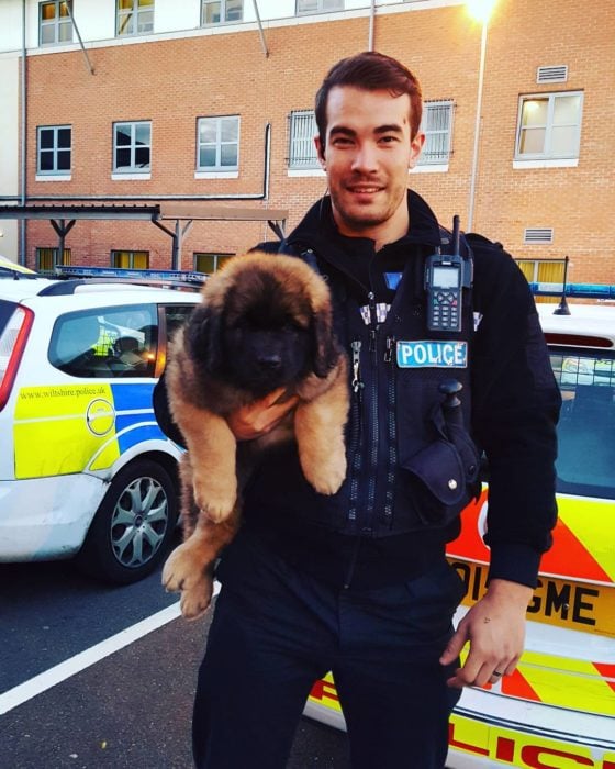 policía sonriendo cargando a un perrito esponjoso 