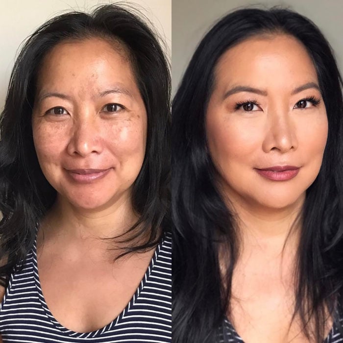 señora de la mediana edad antes y después de maquillarse