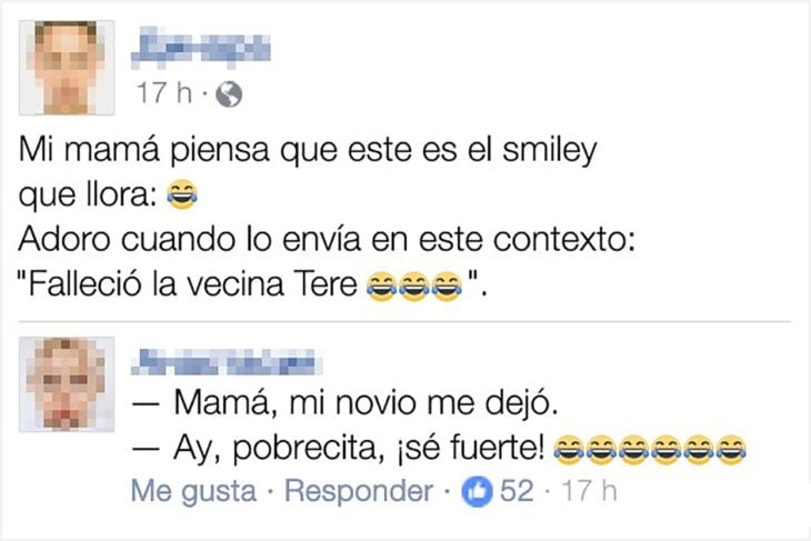 estacdo de facebook de un chico que se ríe de los emoticones de su mamá