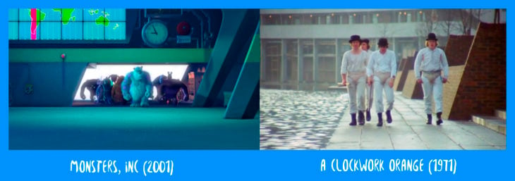 escena comparativa entre monsters inc y la naranja mecánica en la que van entrando caminando los personajes
