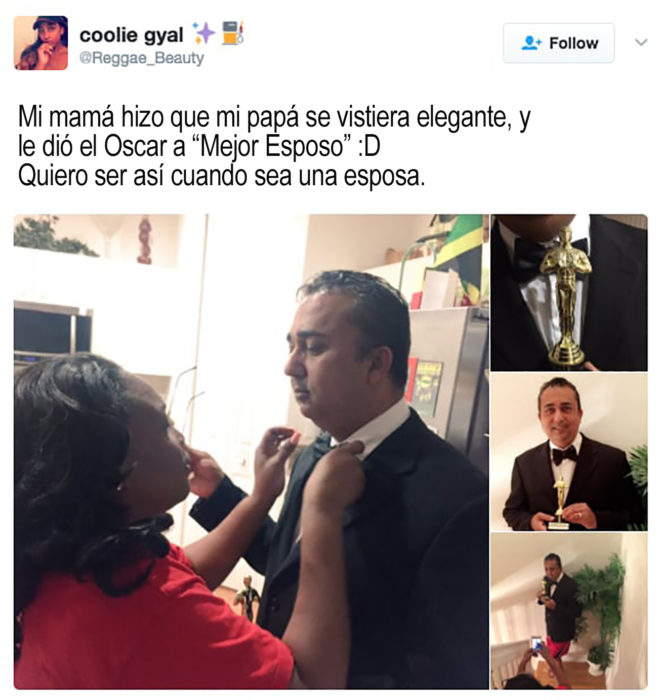 mujer le da un oscar a su esposo