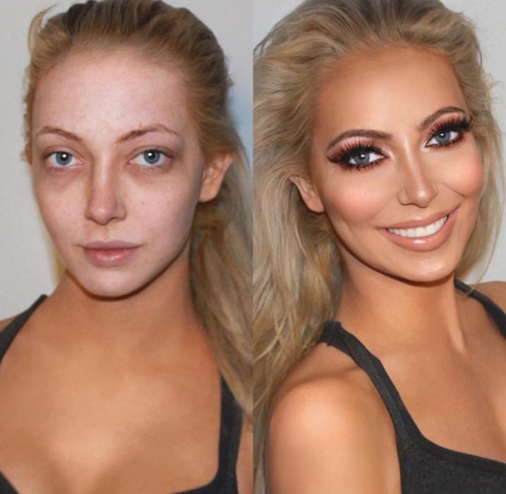 mujer con la cara más blanca que el cuello antes y después de maquillarse
