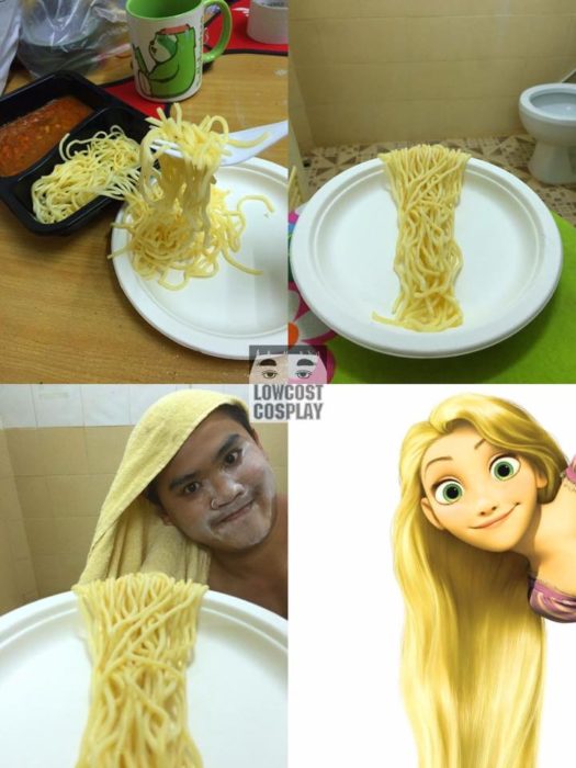 chico se pone espagueti en el pelo para lucir como rapunzel