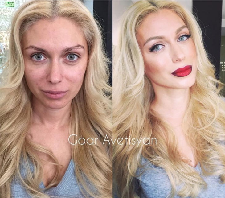 mujer rubia de ojos azules antes y después de maquillarse