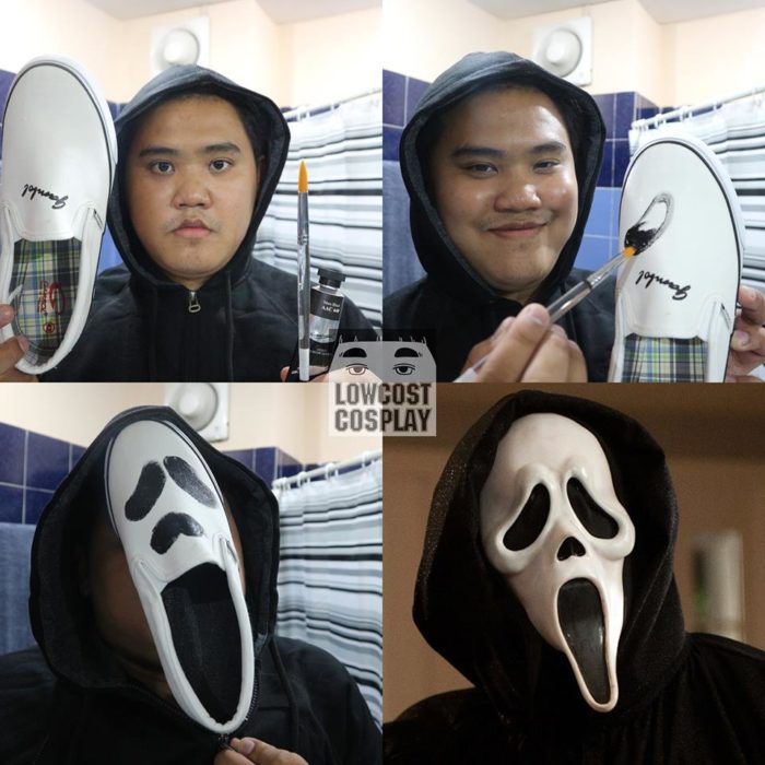 disfraz de bajo presupuesto de scream, chico utiliza un zapato pintado como máscara