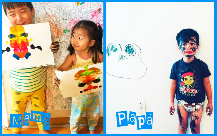 niños con un dibujo sostenido en las manos, a la derecha un niño lleno de plumón en la cara